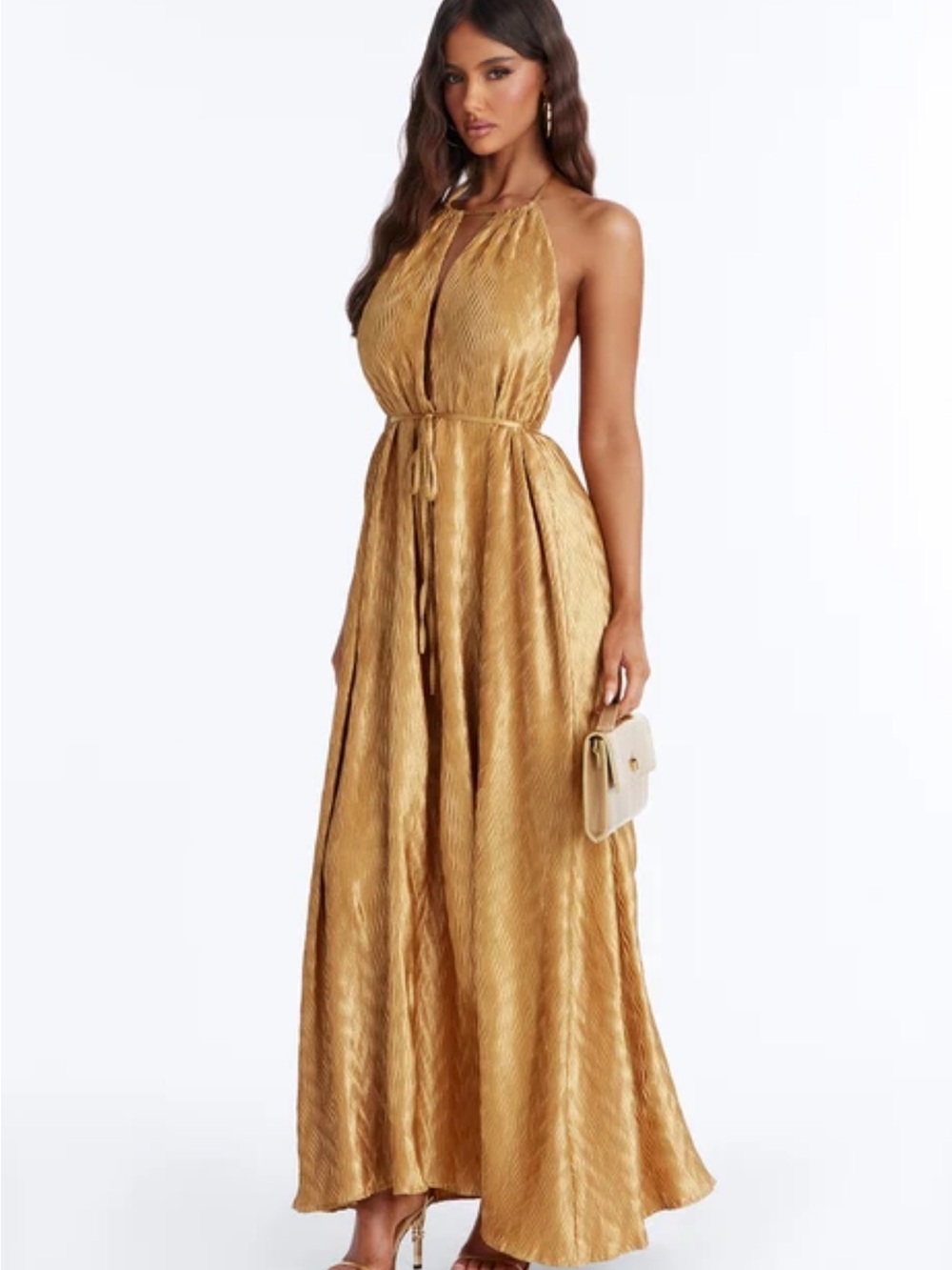 Fashion Nova Gold Halter Tie-Waist Maxi Dress